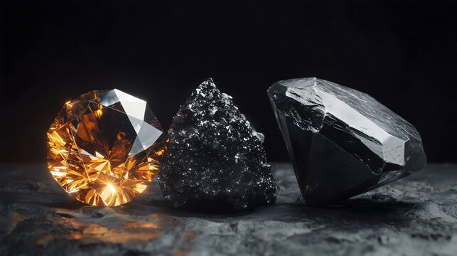 Carbon in its various forms: a sparkling diamond, a block of graphite, and soot side by side.