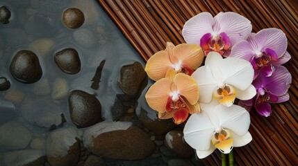 A serene arrangement of exotic orchid flowers on a bamboo mat against a tranquil water garden, top-down shot, Zen style