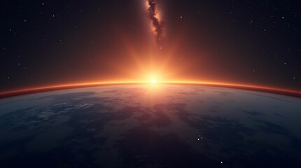 Fototapeta premium Sunrise over Earth with a starry Milky Way galaxy backdrop.