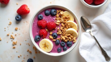 Vibrant smoothie bowl with fresh berries, banana slices, and granola, healthy breakfast