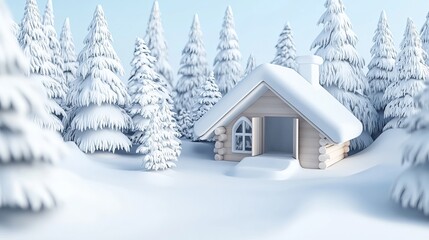 Small wooden house in a snowy fairy forest surrounded by frostcovered trees