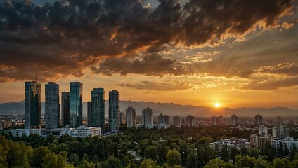Fototapeta premium Almaty cityscape at summer sunset, capturing its beauty.