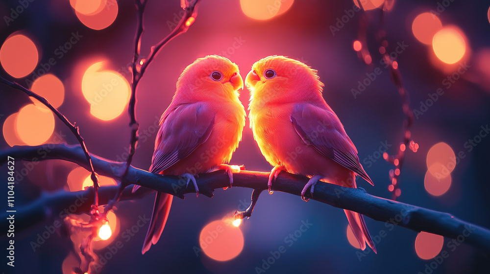 Poster two vibrant birds perched on a branch with glowing lights in the background during twilight. generat