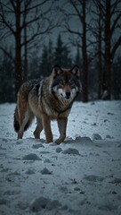 Naklejka premium Alpha wolf prowling through snowy wilderness on a stormy night.