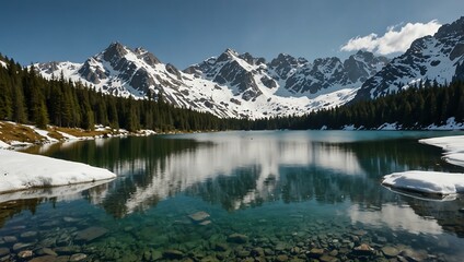 Fototapeta premium Alpine lake surrounded by snow-capped mountains and clear water.