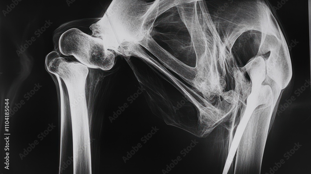 Poster x-ray image of a knee joint showing bones and cartilage structure.