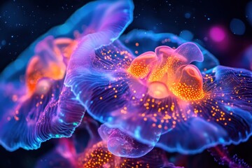 Two glowing jellyfish with a blue and orange glow and small light dots in a dark background.