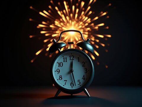 Vintage alarm clock counting down to midnight with fireworks exploding in background