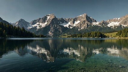 Alpine mountain lake panorama.