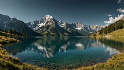 Fototapeta premium Alpine mountain lake panorama.