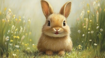 A cute rabbit sitting in a sunny meadow filled with flowers.
