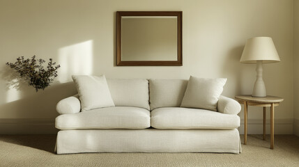 cozy living room featuring taupe sofa, lamp, and mirror