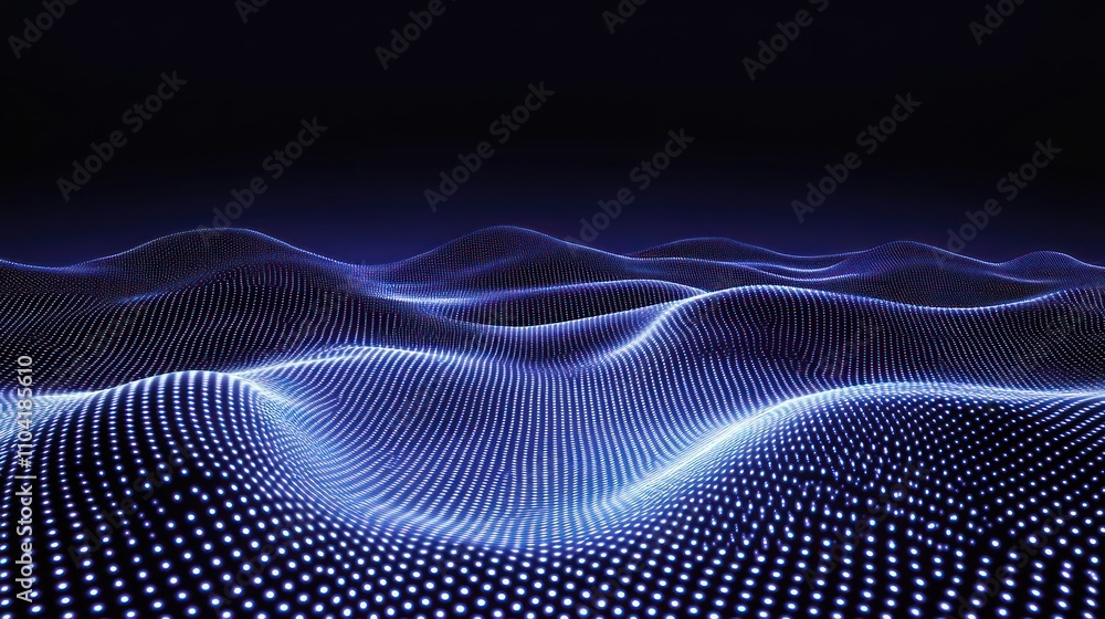 Poster abstract digital landscape with glowing dots representing waves or data visualization.