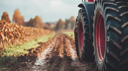 Farm tractor on muddy field path surrounded by autumn landscape