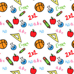 Pattern of colorful school-related items including basketballs, apples, pencils, rulers, flasks, equations, and letters on a black background.
