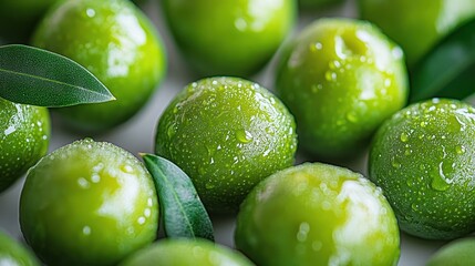 Close-up of fresh, vibrant green olives with water droplets and leaves.
