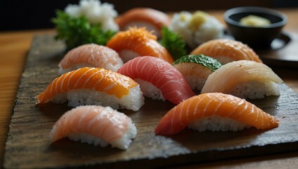 Ama ebi nigiri sushi artfully displayed.
