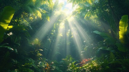 Lush jungle with sunlight filtering through dense foliage, creating a serene atmosphere.