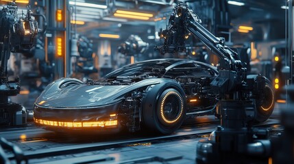 Fototapeta premium Industrial robotic arms assemble future car