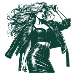 Stylish woman in leather outfit vector illustration in woodcut engraving style