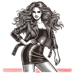 Confident woman in leather dress vector illustration in woodcut engraving style
