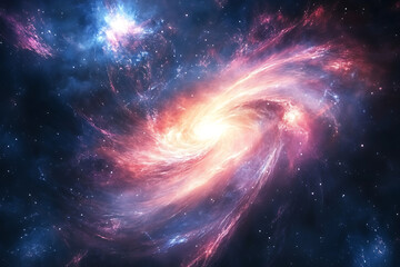 depiction of a swirling galaxy in deep space.