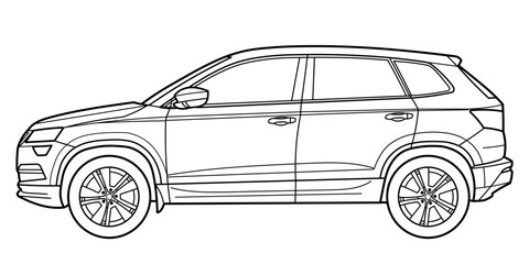 Classic suv car. Crossover car front view shot. Outline doodle vector illustration. Design for print, coloring book	