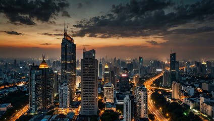 Obraz premium Amazing panoramic view of Bangkok's skyline with skyscrapers.