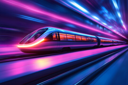 Underground high-speed transit tunnel with a hyperloop pod moving at high speed