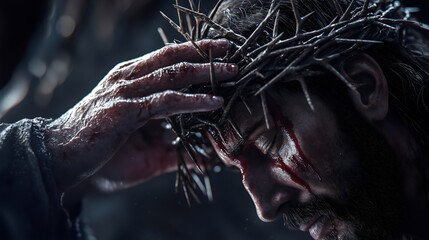 A close-up of Jesus’ crown of thorns being placed on His head, showing deep emotion and sacrifice.