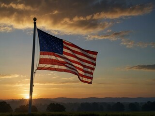 American flag flying at dawn, symbolizing patriotism on national days.