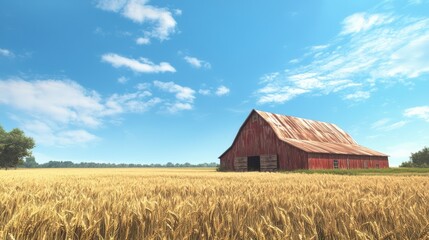 Obraz premium Serene Countryside Landscape with Weathered Red Barn, Rusty Tin Roof, and Golden Fields of Wheat under Vibrant Blue Sky - Ultra-Detailed Photorealistic Image