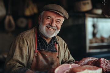 Senior butcher smiling at work 