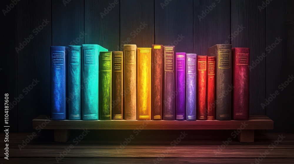 Poster a colorful bookshelf displaying a variety of books arranged in a rainbow gradient.