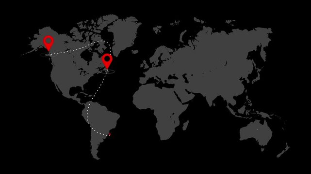 World map travel route location animation on dark background, world map showing the locations of countries