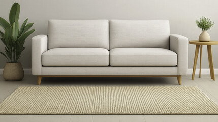 Fototapeta premium Minimalist coastal living room with pale gray sofa and plant