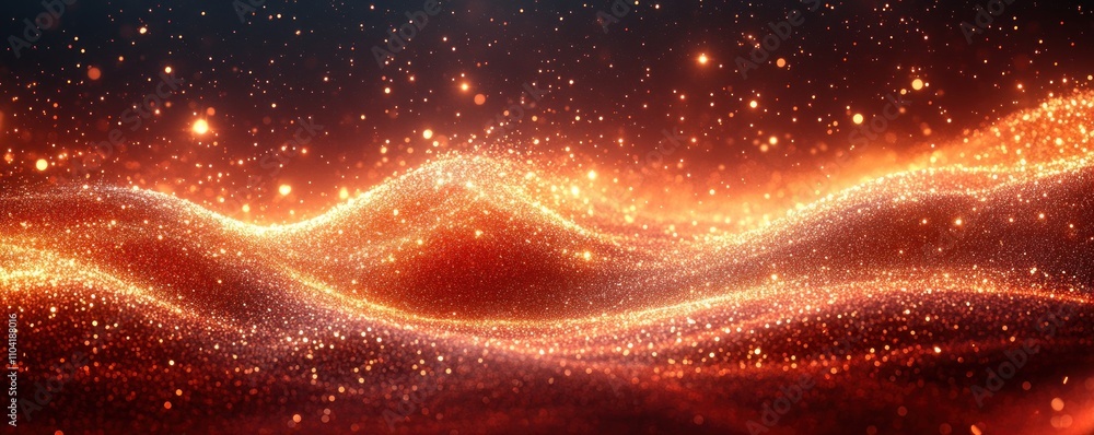 Poster a shimmering wave of golden particles creating a magical, ethereal atmosphere.