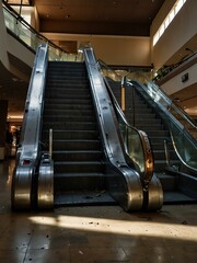 An abandoned escalator in a deserted shopping mall, showing neglect.