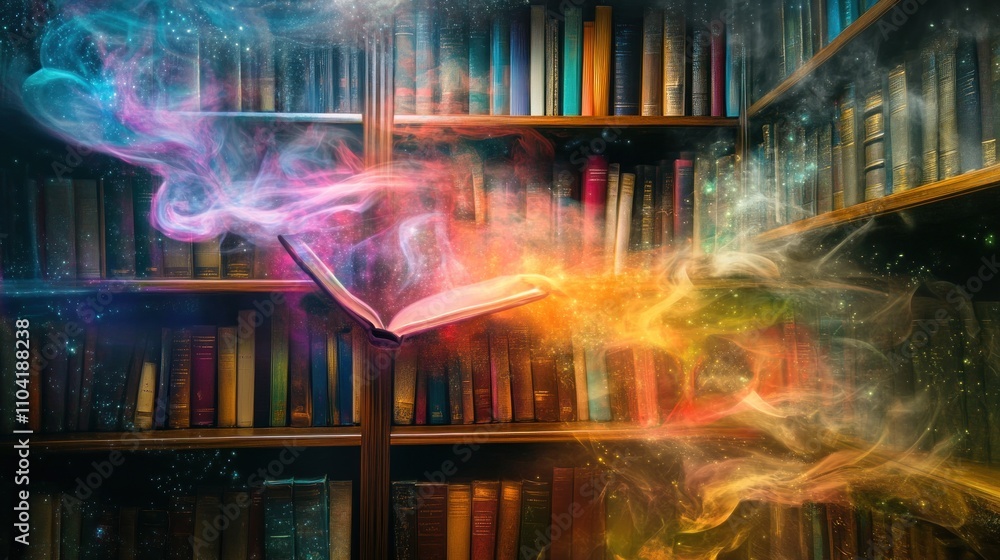 Aufkleber an open book emits colorful wisps of magic in a library setting.