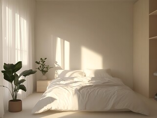 A serene minimalist bedroom with a white bed, neutral-colored walls,