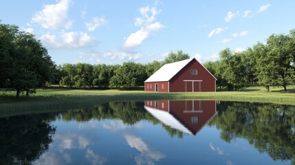 Obraz premium Tranquil Reflection of Photorealistic Red Barn with White Roof in Still Pond - Ultra-Detailed Countryside Scene