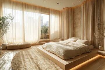 A serene, minimalist bedroom with natural light and soft textures, promoting relaxation.