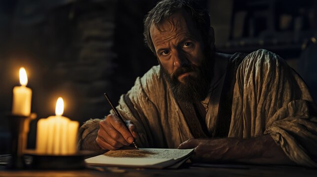 Apostle Paul writing a letter in prison by candlelight, his face reflecting determination and faith.