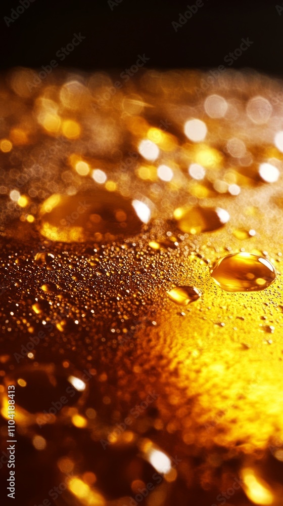 Poster amber droplets collect on a smooth, reflective surface, glistening under soft light and creating a c