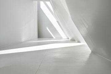 Fototapeta premium A minimalist, bright interior space with angular walls and natural light streaming through.