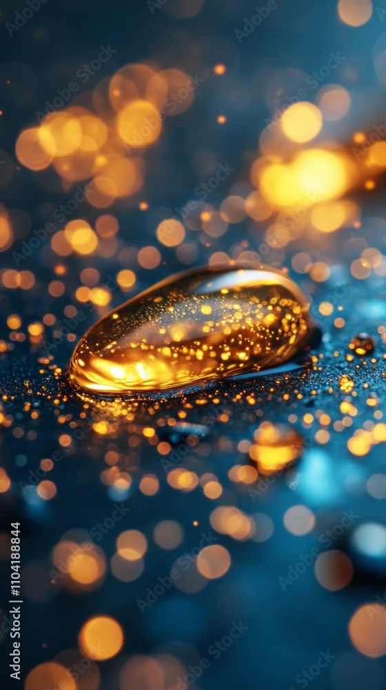 Poster a gleaming golden droplet sits on a textured surface, surrounded by sparkling reflections and a dazz