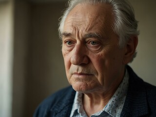 An elderly man standing with a pained expression.