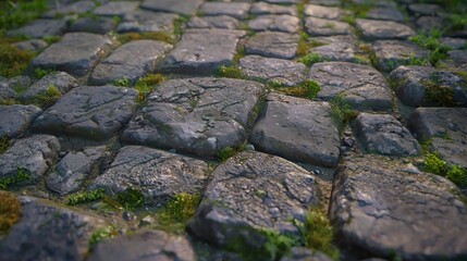 A close-up view of an old German cobblestone road, worn down with age, each stone showing signs of use and weathering. 