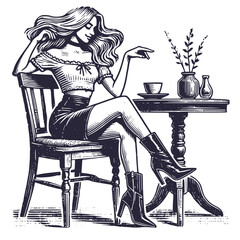 Woman sitting at cafe table vector illustration in woodcut engraving style