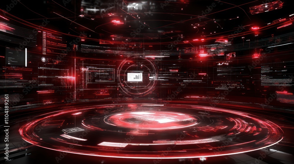 Poster a futuristic digital interface with red hues, displaying data and analytics.